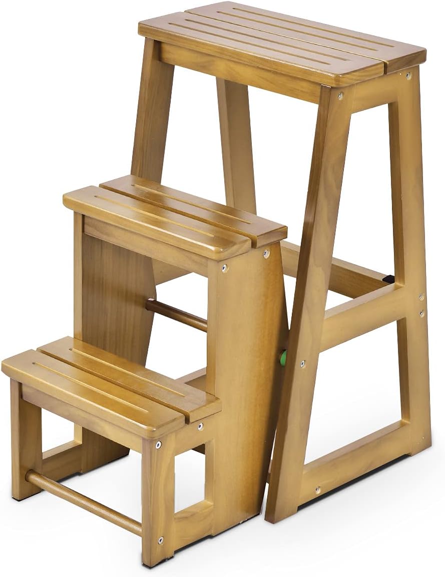 Escabeau Tabouret en bois de Pin, 57 x 39 x 65 CM, Escabeau Pliable 3 Marches, Marchepied Échelle Pliant, Noyer - 8