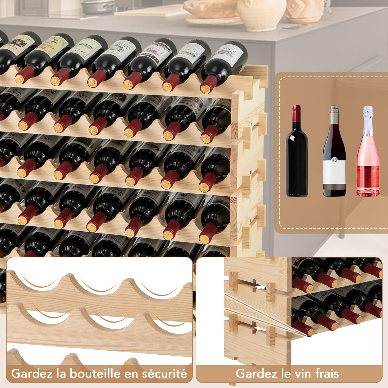 Botellero Vino 60 Botellas, Botellero Apilable de Madera, Estante de Almacenamiento de Vino de 6 Niveles para Suelo para Cocina, Bodega y Bar, - 7