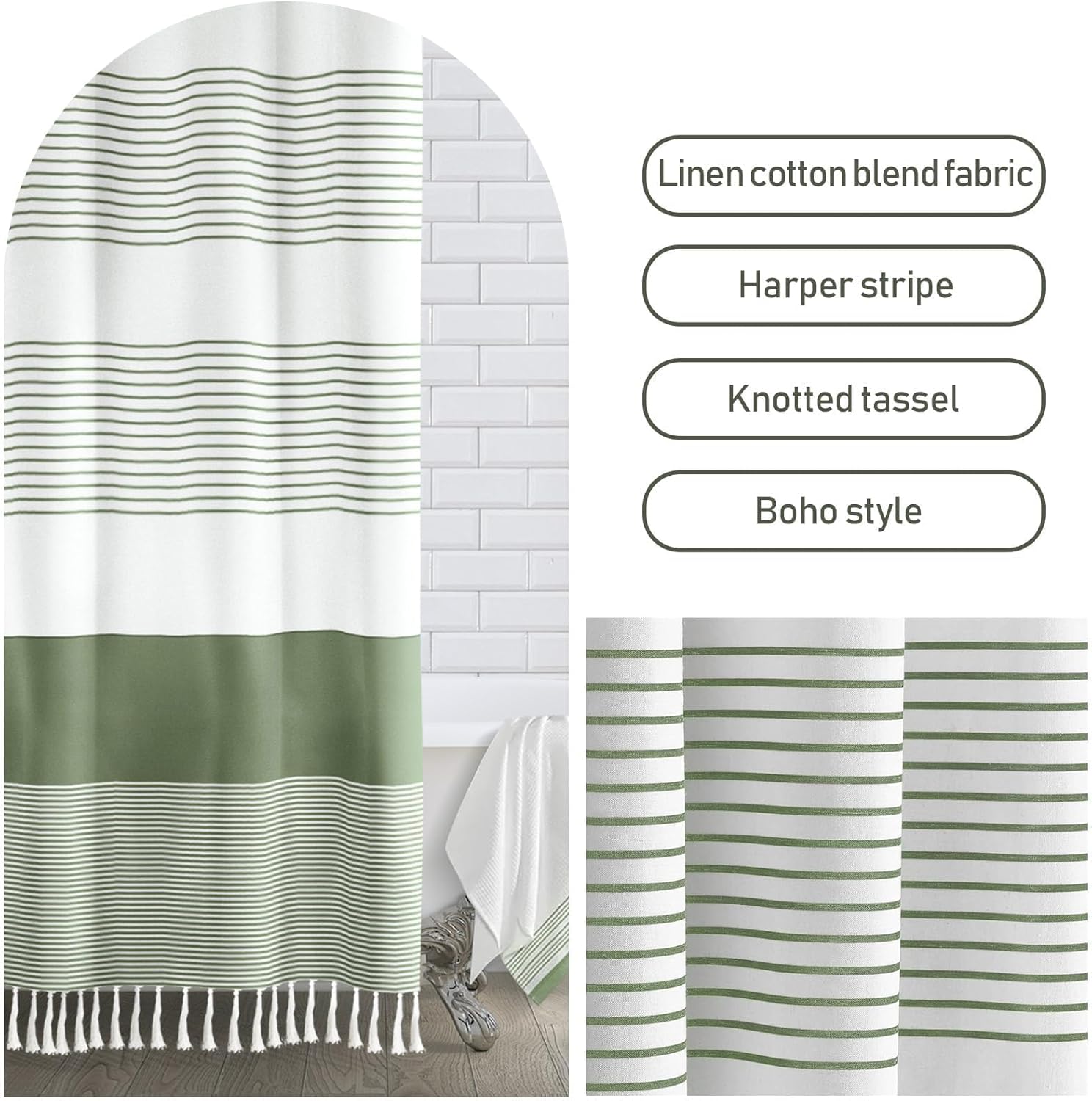 Tenda da doccia impermeabile a righe in stile bohémien con nappe 180 x 180 cm verde | Leroy Merlin