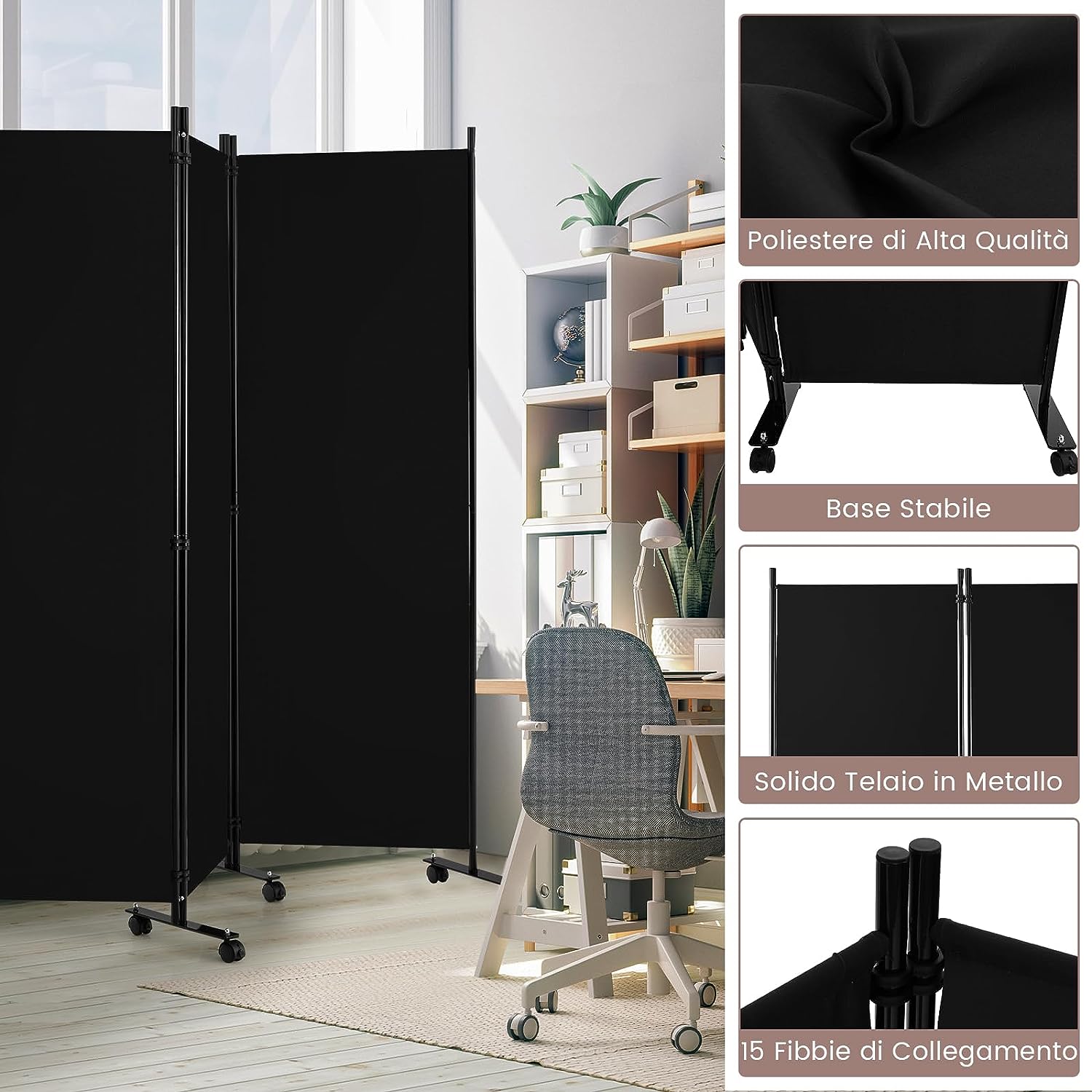 Składana przegroda pokojowa z 6 panelami, duża parawan o wysokości 172 cm (czarny) - 6