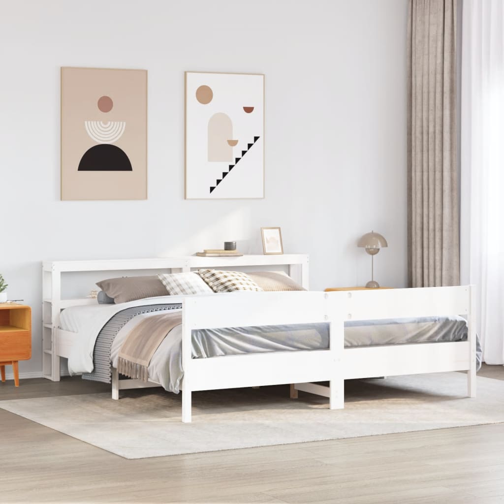 Łóżko Drewniane z Regałem Rama Łóżka Ze Stelażem Biała 180x200 cm