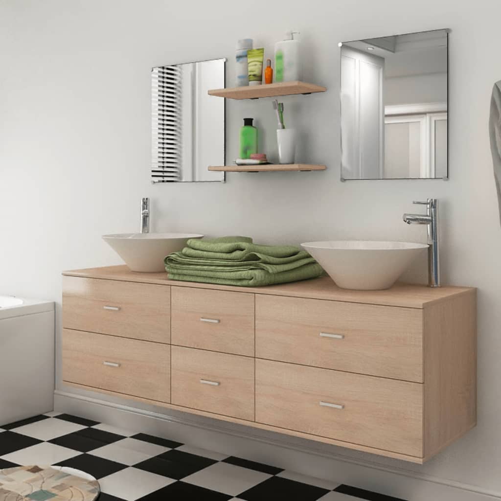Mueble de baño de 9 piezas con lavabo y grifo, color beige.