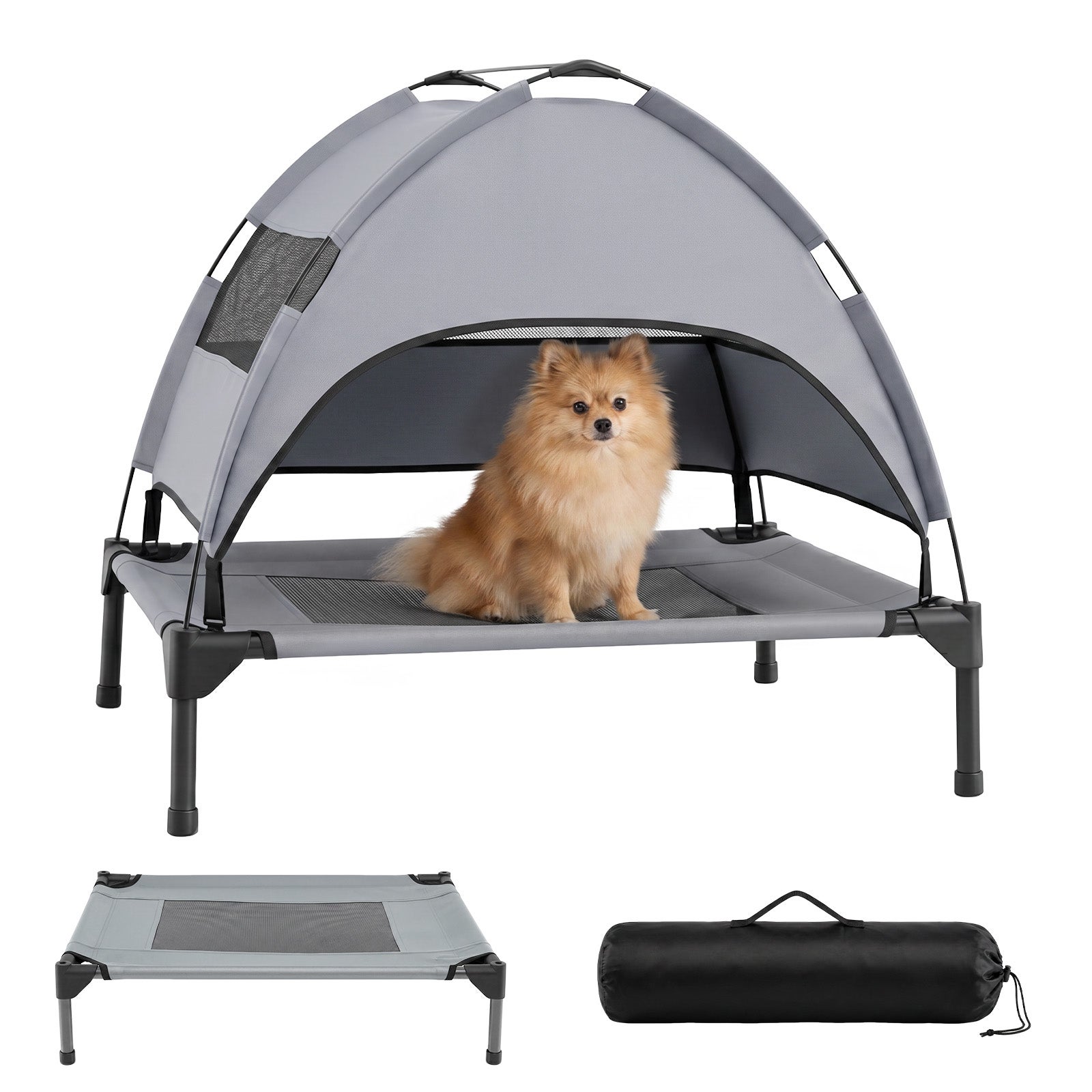 Pat pentru câini supraînălțat, pentru interior și exterior, cu copertină detașabilă impermeabilă, 3 ferestre din plasă, capacitate 20 kg, 79x63x70cm