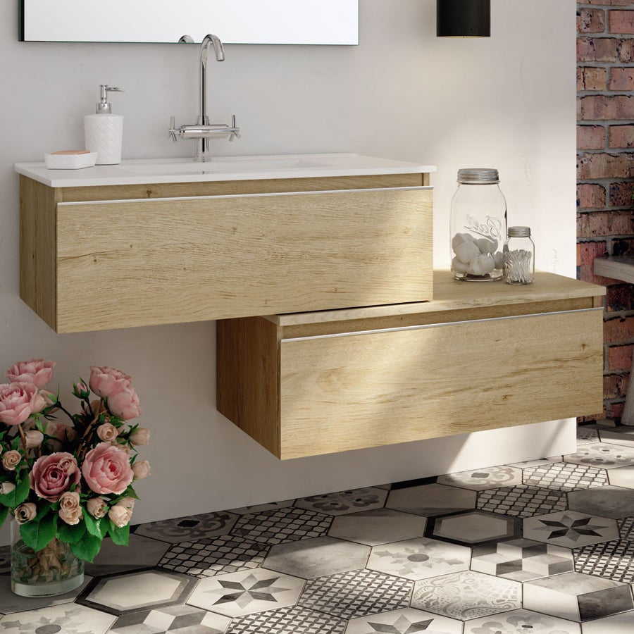 Meuble de salle de bain simple vasque - 1 tiroir - PENA et miroir Led VELDI - bambou (chêne clair) - 120cm - 2