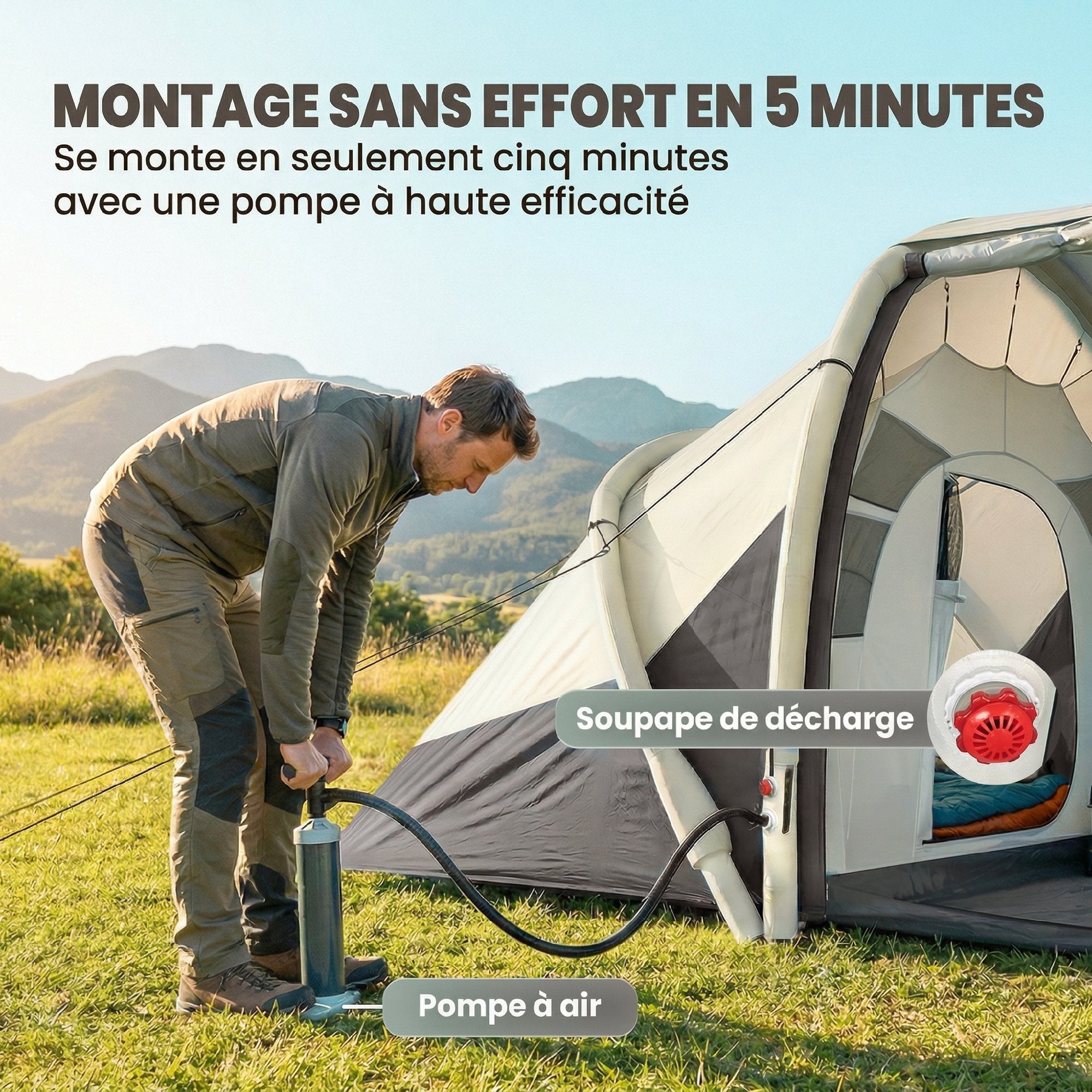 Tente Gonflable Camping 2-4 Personnes avec Pompe 2 Chambres et Séjour Imperméable 3000mm 485x245x188cm Gris - 6