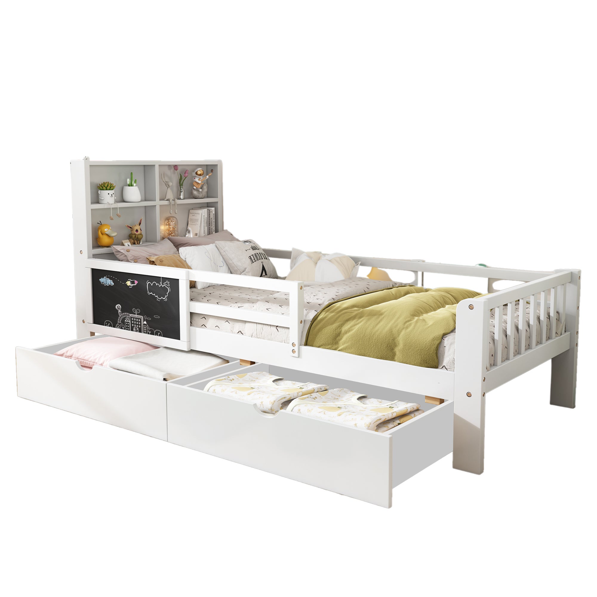 Łóżko dziecięce 90 x 200 cm z zagłówkiem i barierkami - 2 szuflady i półki - Drewno lite + MDF - Kolor biały (materac nie jest wliczony w cenę) - 5
