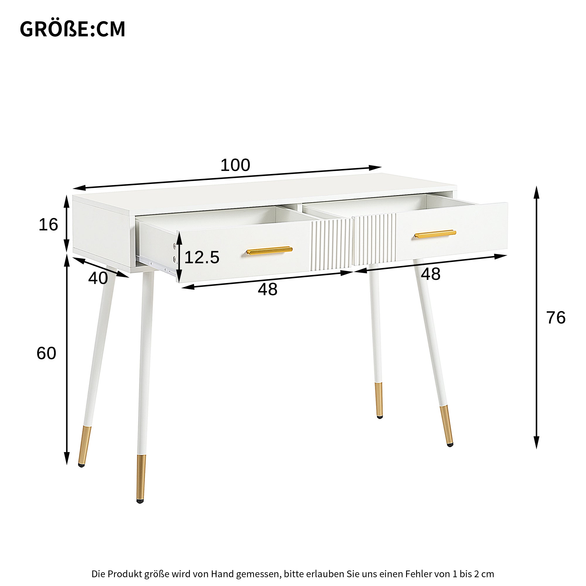 Table de Maquillage Blanc H. 76 x l. 40 x P. 100 cm, Coiffeuse Blanche avec 2 Tiroirs et Pieds Métal Dorés, Coiffeuse Moderne, pour chambre ou salon - 9