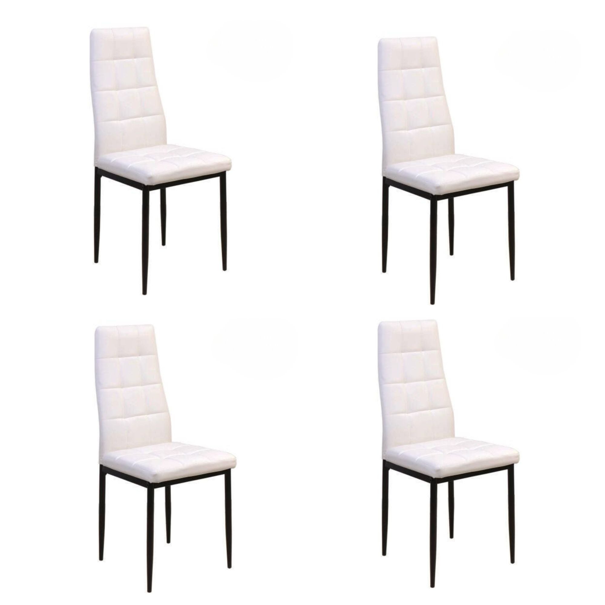 Pakiet 4 krzeseł tapicerowanych białą tkaniną ze sztucznej skóry z wyłożonymi szwami, czarnymi metalowymi nogami, wymiary 43x56x96 cm
