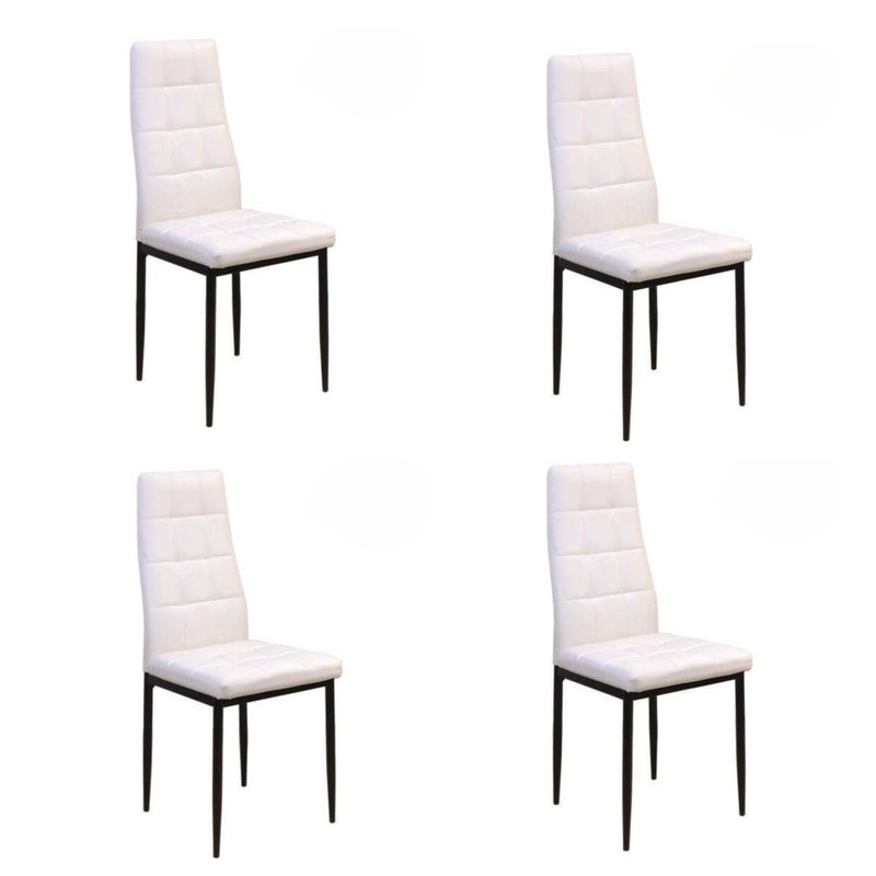 Pakiet 4 krzeseł tapicerowanych białą tkaniną ze sztucznej skóry z wyłożonymi szwami, czarnymi metalowymi nogami, wymiary 43x56x96 cm