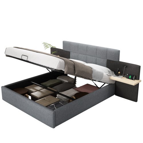 Cama Tapizada 180x200 Cm Con Almacenamiento Hidráulico - Incluye Luces LED Por App, Puerto USB, Estructura Metal, Tejido Lino Gris