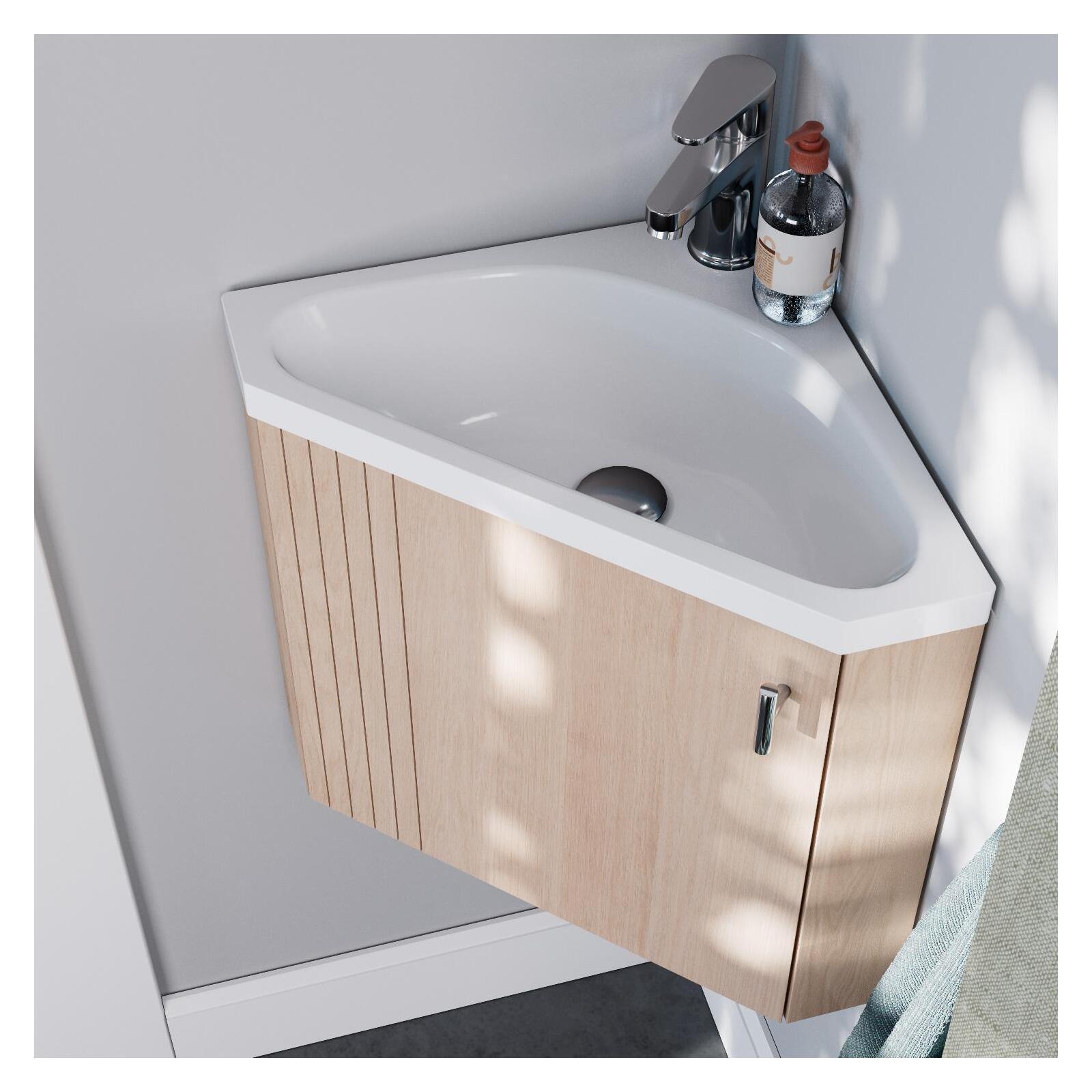 Ensemble meuble lave-mains d'angle décor chêne KODA + armoire miroir - 5