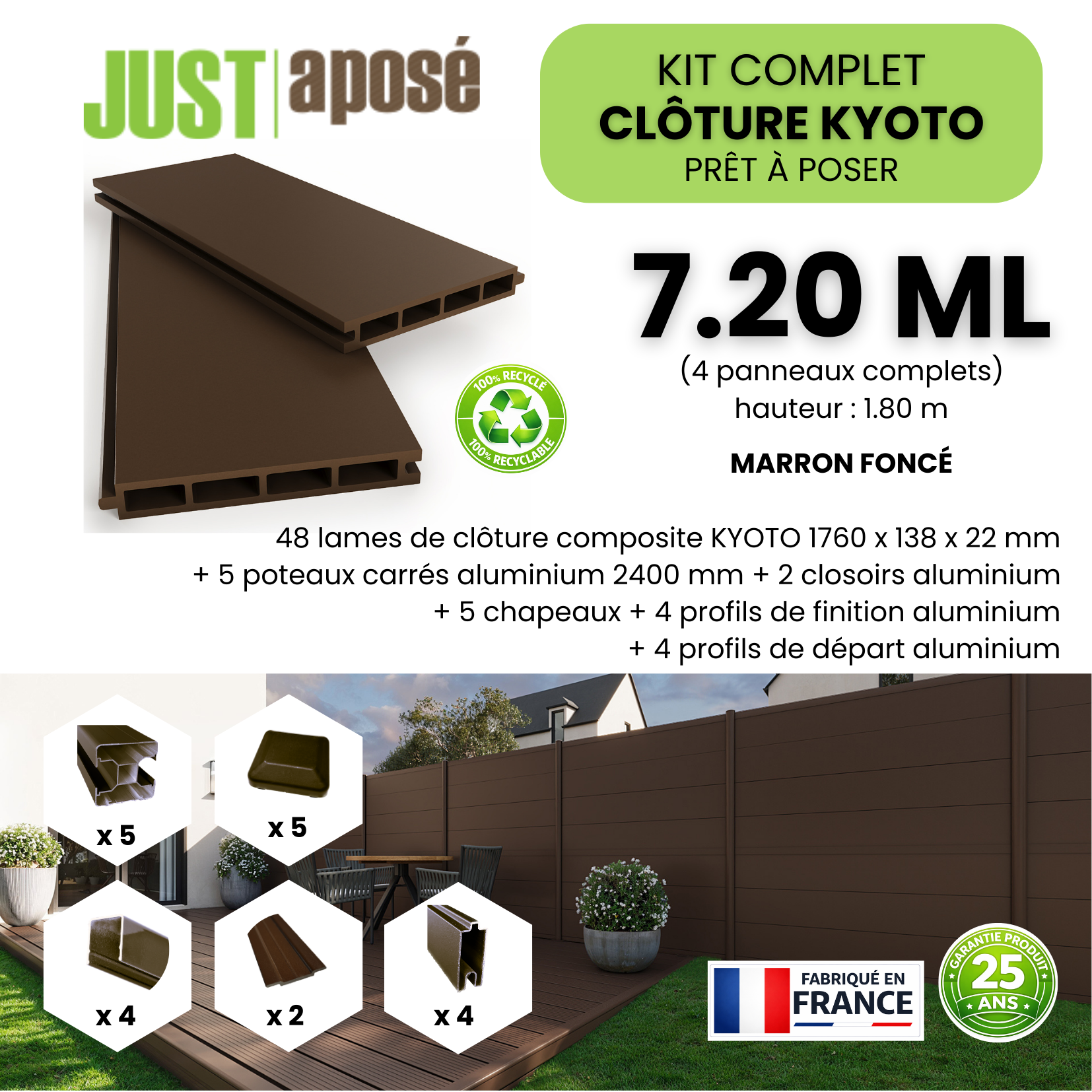 Kit complet clôture composite KYOTO - 4 panneaux complets - 7,20 x 1,80 m - Prêt à poser - Marron foncé - 3