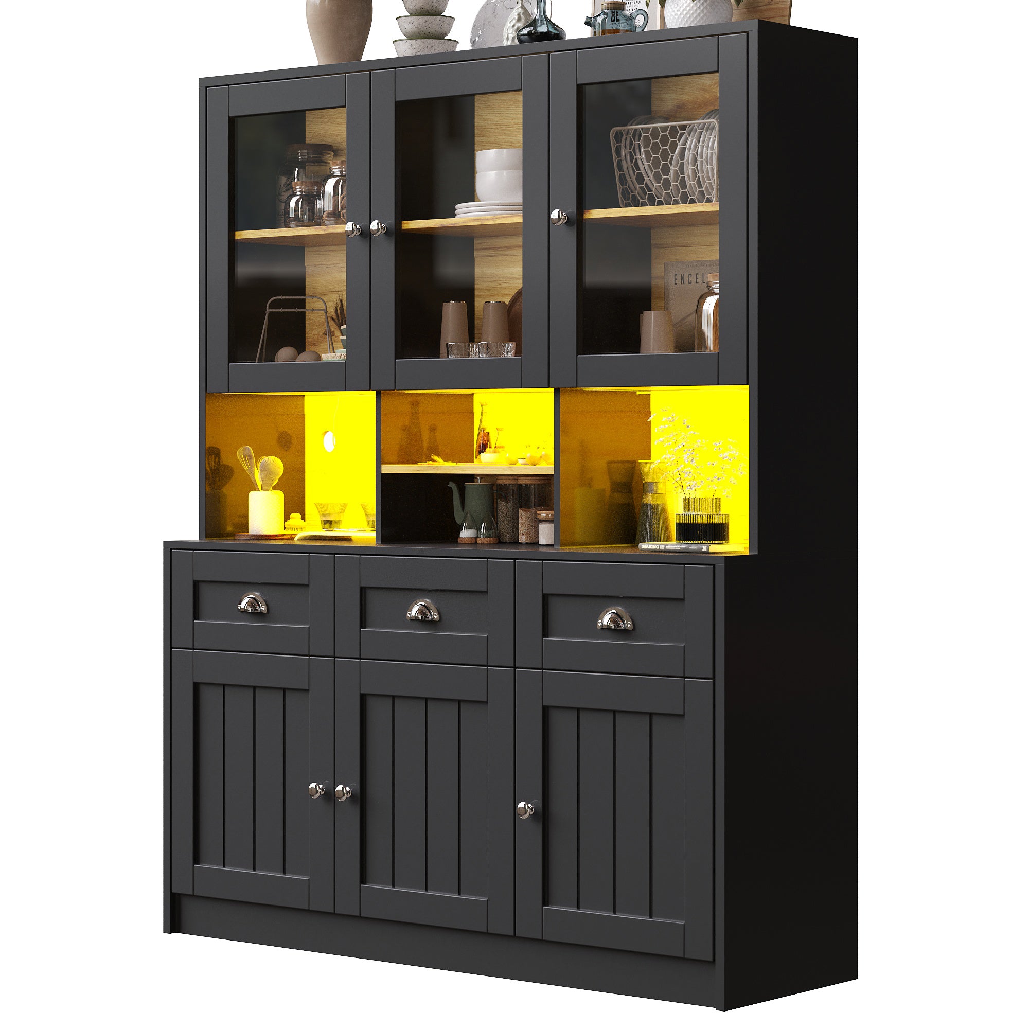 Buffet de cuisine avec 6 portes et 3 tiroirs, vitrine - 140 x 40 x 175 cm - LEDs - MDF - Noir - 5