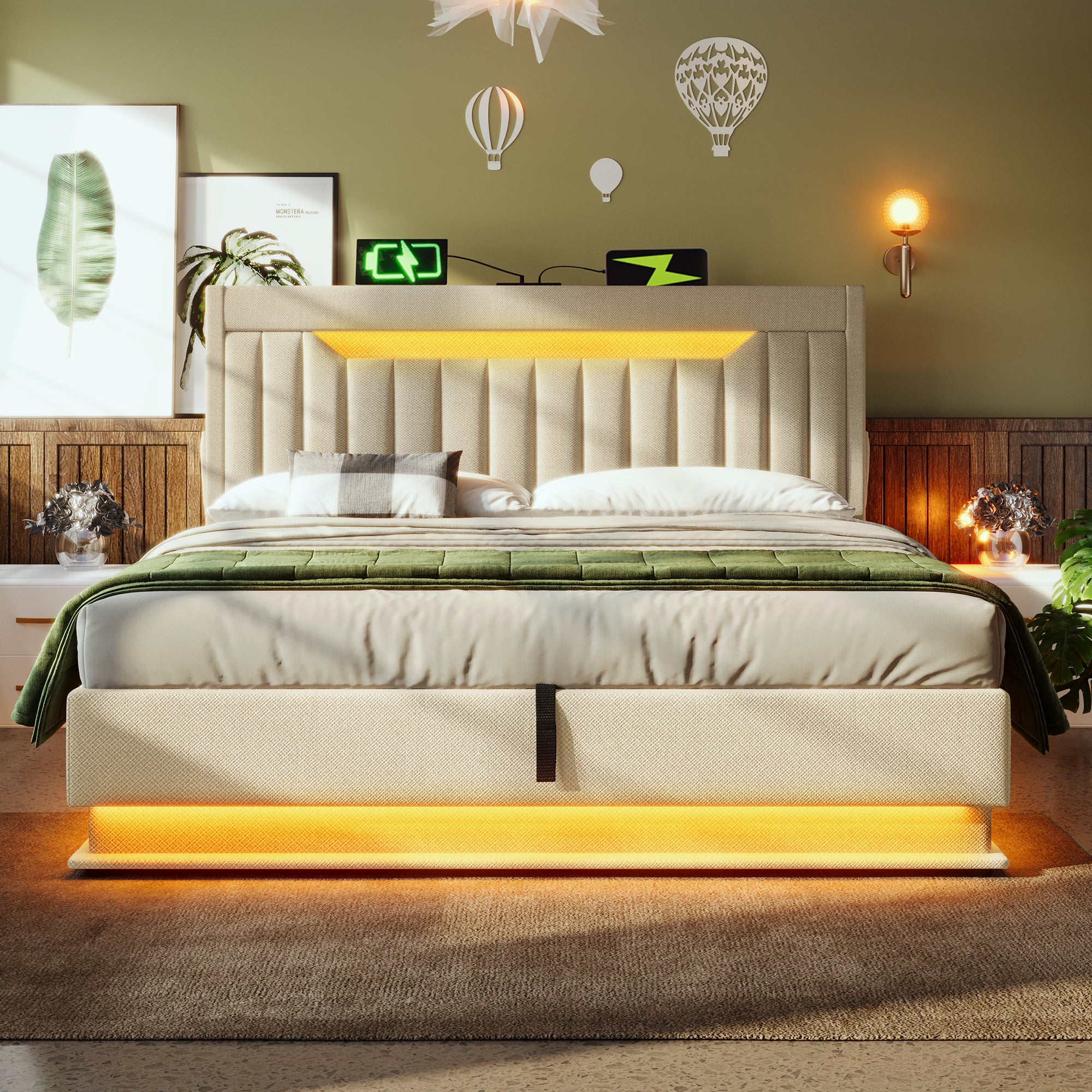 Lit coffre 160x200 cm, lit double hydraulique, tête de lit avec rangement comprenant des ports USB et Type-Cet lumière LED, beige, lin, Sans matelas. - 2