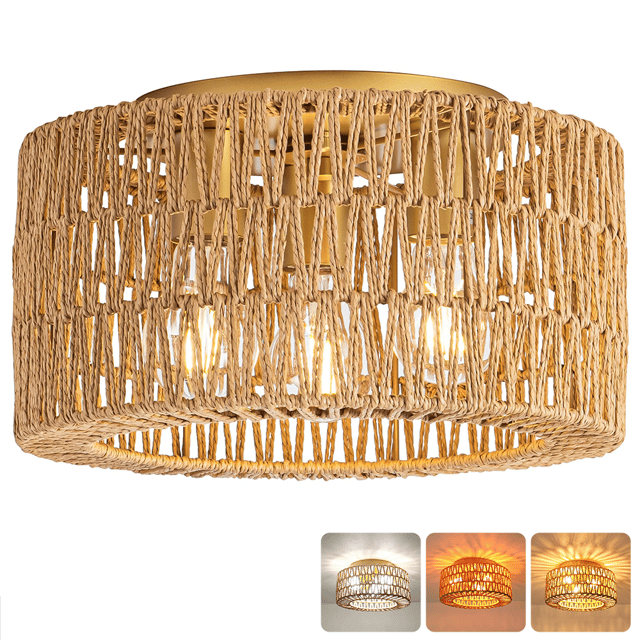 Lampa sufitowa rattanowa, żyrandol w stylu boho, lampa wisząca z żarówką, żyrandol sufitowy w stylu wabi-sabi, 3 temperatury barwowe (3000K–6000K)