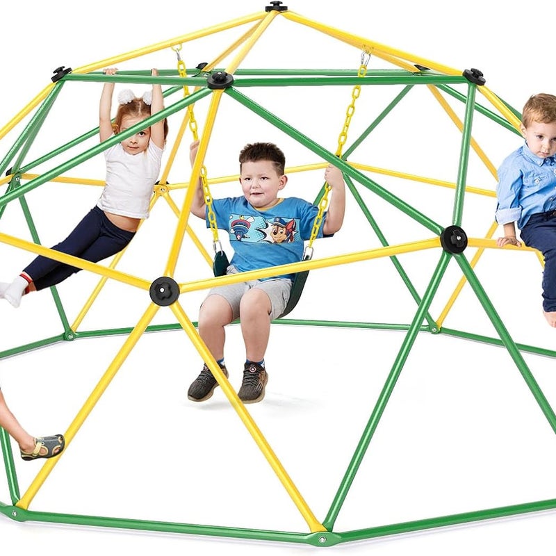 Kopułka Wspinaczkowa dla Dzieci z Huśtawką, Maksymalne Obciążenie 360 kg, Plac Zabaw z Metalową Ramą, do Użytku we Wnętrz i na Zewnątrz, Zielono-Żółta