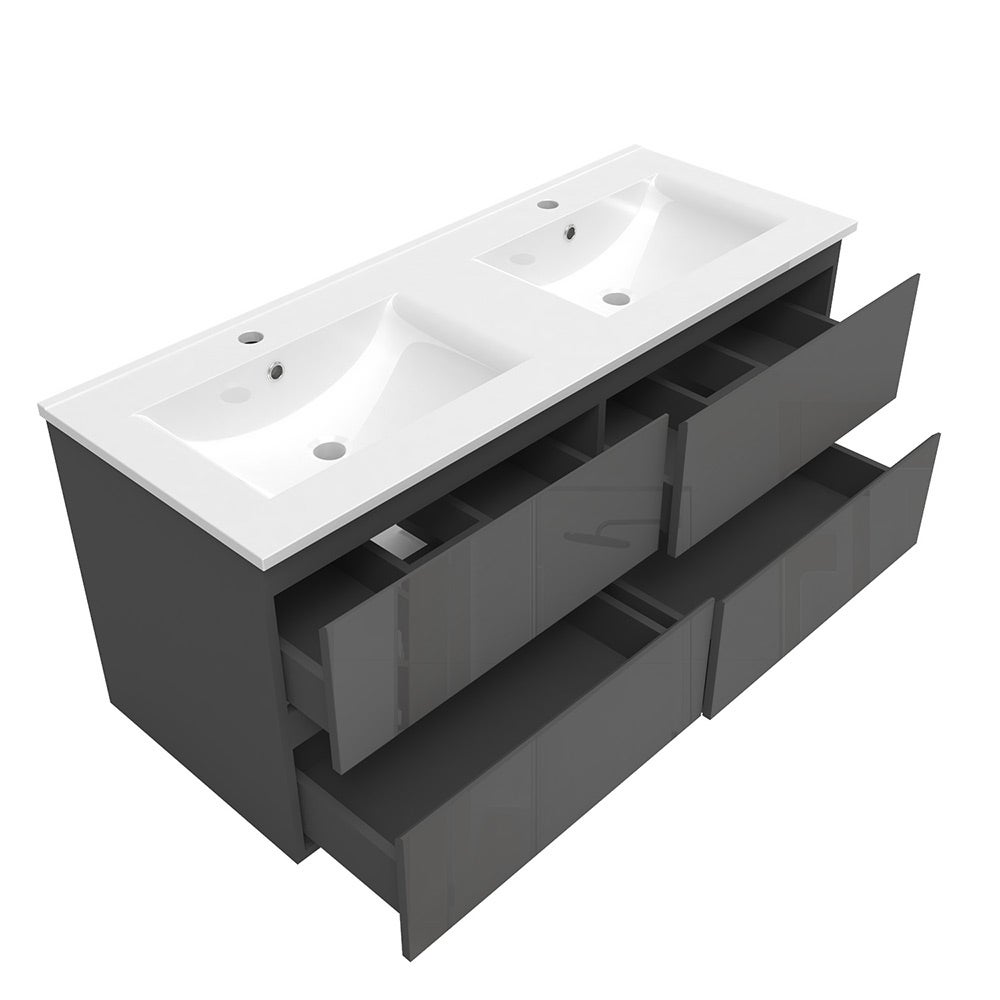 Meuble salle de bain 120cm anthracite brillant avec double lavabo céramique + 4 tiroirs à fermeture automatique - 2