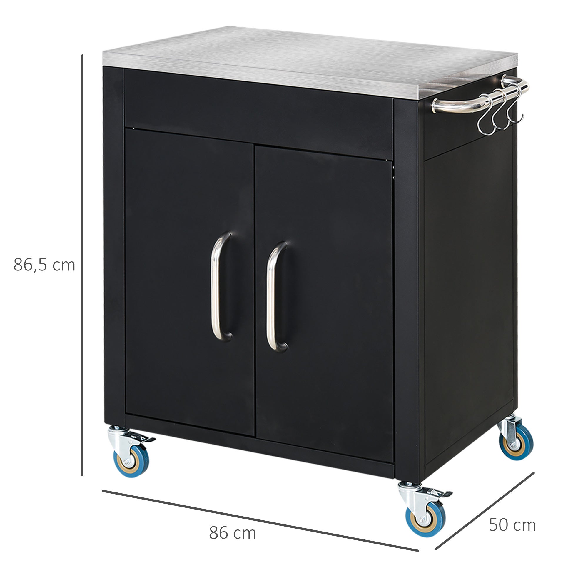 Chariot de cuisine à roulettes,desserte,chariot roulant avec placard,crochets et poignées en acier inoxydable,table de barbecue en ,86x50x86,5cm,noir - 4