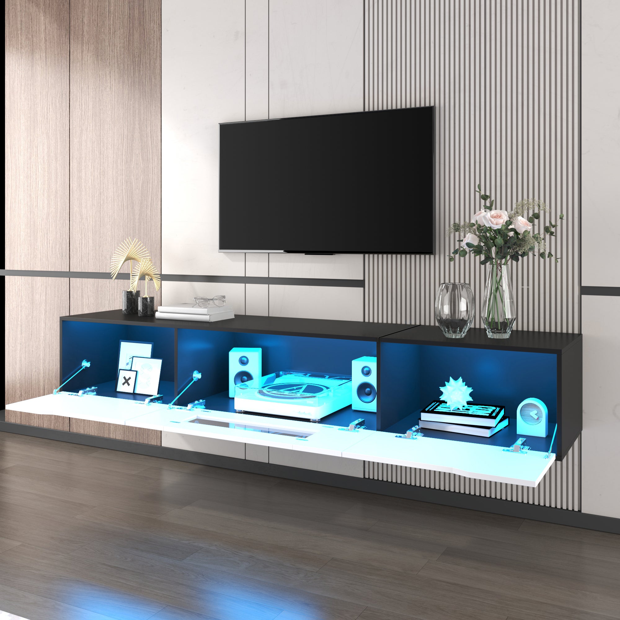 Nowoczesna szafka pod telewizor 180 x 35 x 30 cm - do montażu na ścianie/wolnostojąca - z oświetleniem LED i portami USB - płyta MDF - czarny - 7