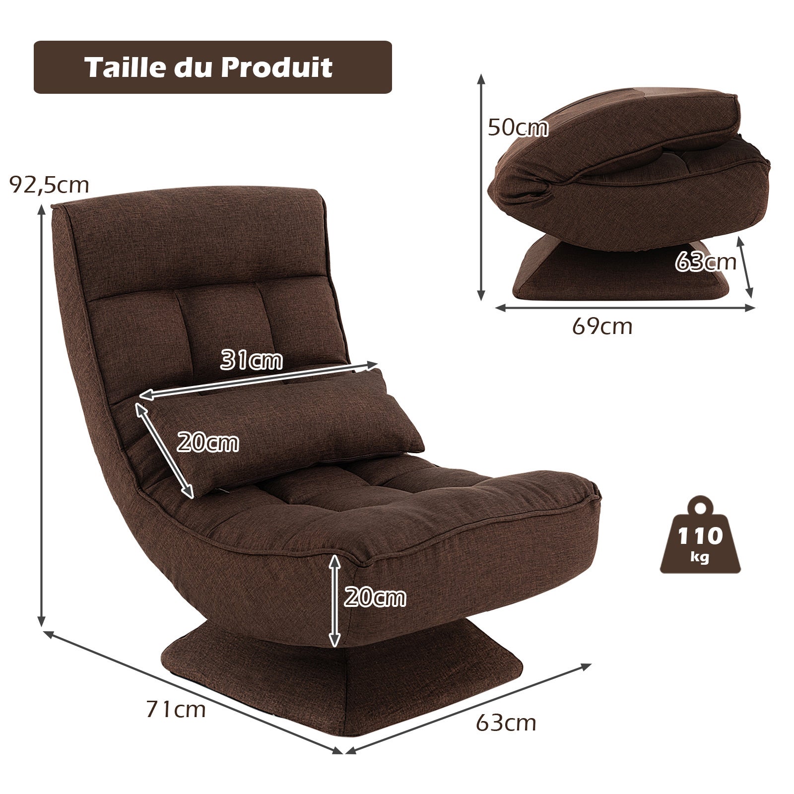 Chaise de Sol Pliable Réglable à 5 Positions,Fauteuil de Salon pour Méditer,Lire,se Reposer(Marron) - 3