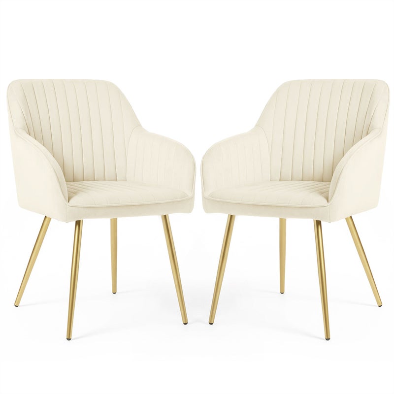 2x Welurowe krzesło tapicerowane z przeszyciami Kremowe FLORENCE Złote nogi