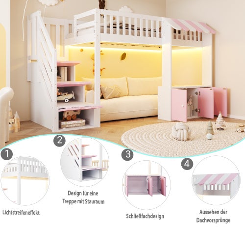 Lit superposé Enfant 90X200 avec armoire et LED, Lit mezzanine avec escalier de rangement et sommier à lattes, Rose(Sans Matelas) - 5