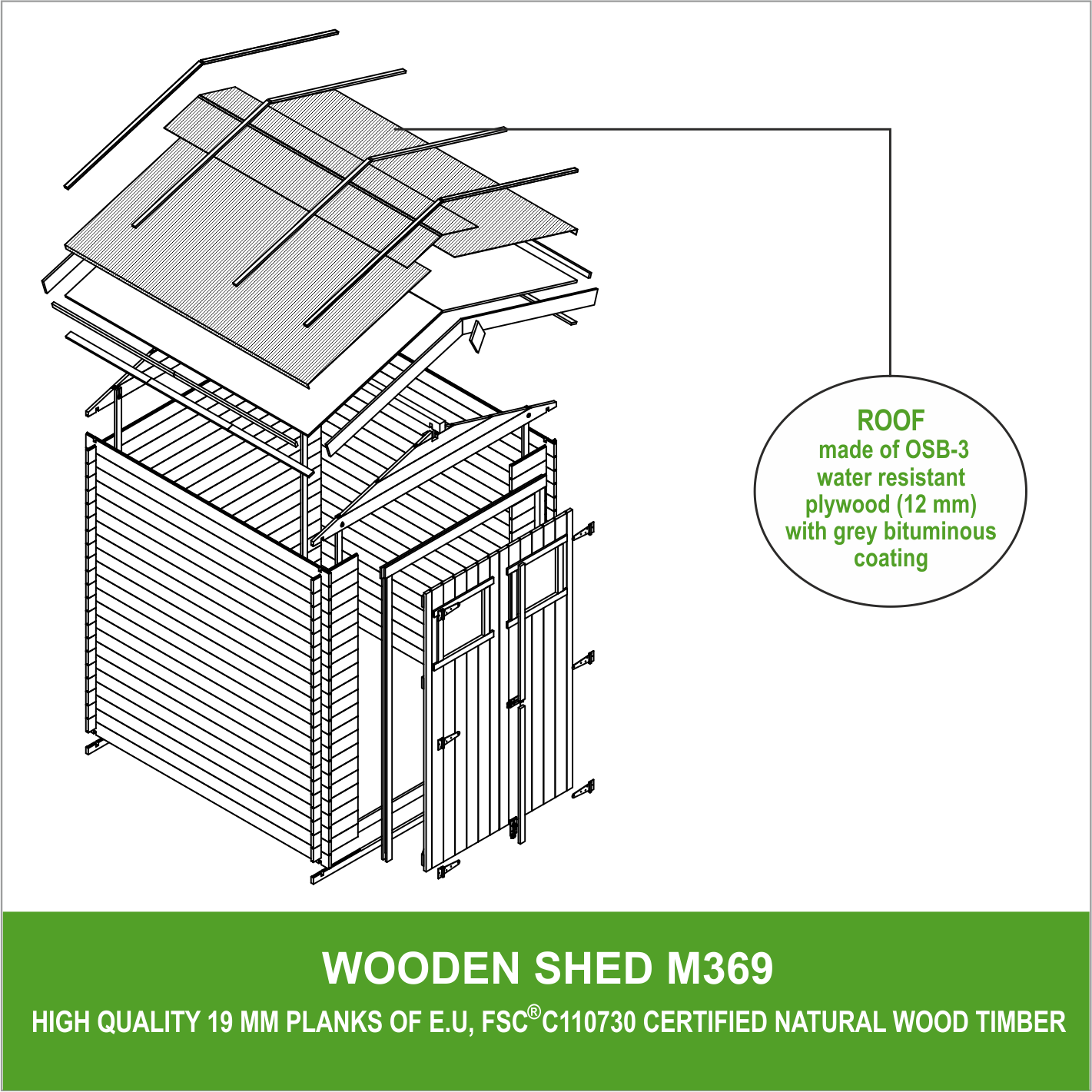 Abri de jardin en bois - Stockage extérieur I236xL226xH218 cm/ 4.33 m2 Petit abri à outils, Local à vélos - Toit imperméable, fenêtres TIMBELA M369 - 10