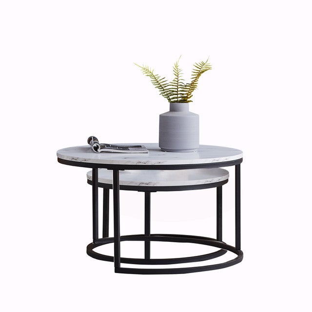 Lot de 2 Tables Basses, Rondes Table d'Appoint avec Plateau en Bois et Base en Métal, Tables Gigognes en Forme de C, Table de Moderne - 5