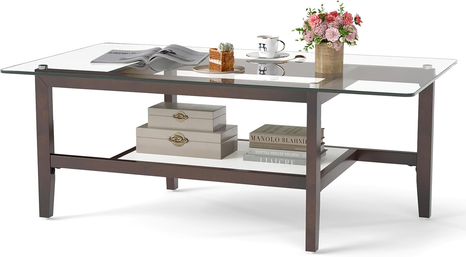Stolik Kawowy ze Szkła Hartowanego, Salonowy z 2 Poziomami i Regałem do Odłożenia Rzeczy, Nogi z Litego Drewna, Nośność 80+25 kg (107 × 60 × 42 cm)