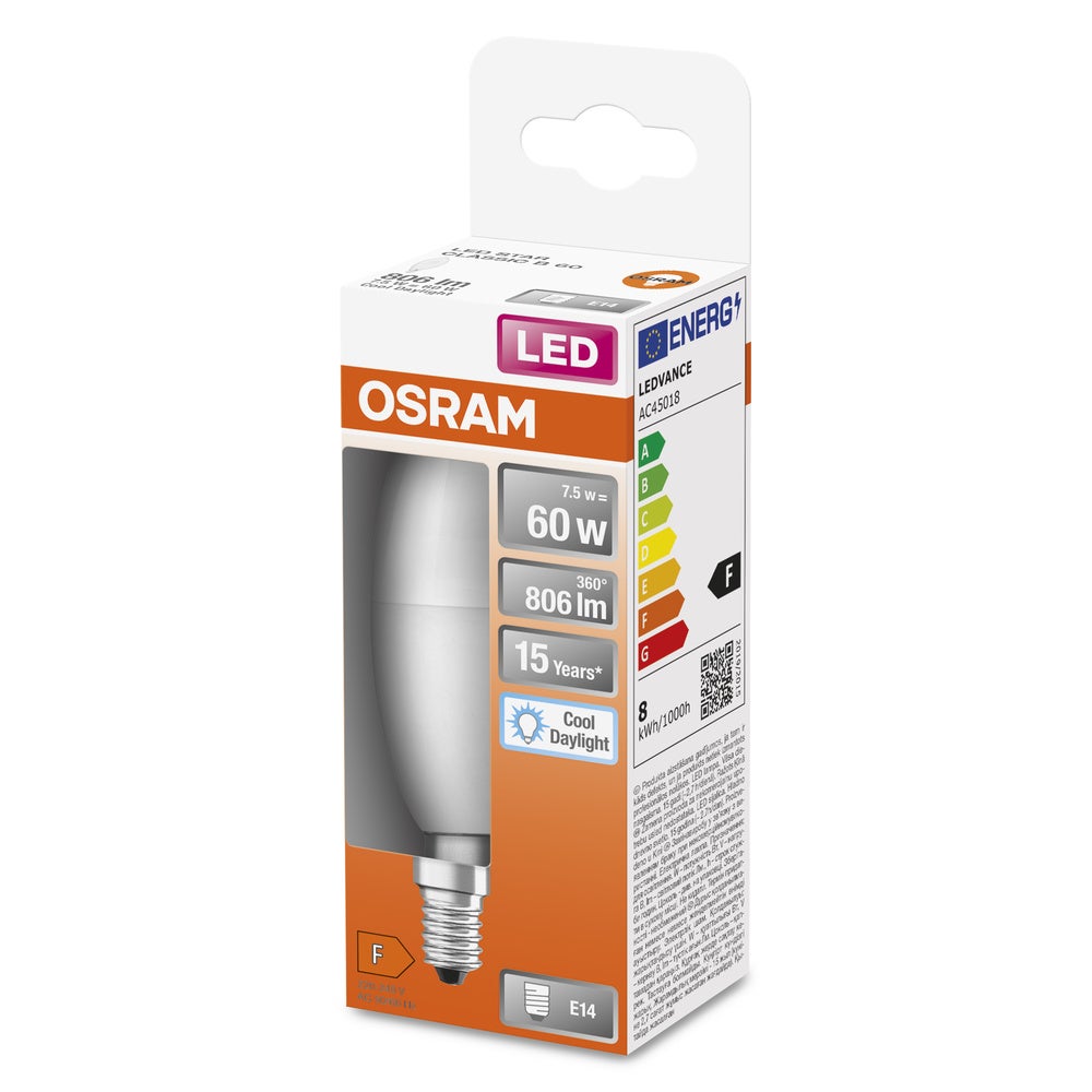 Ampoule LED Osram, forme classique de mini-tentes, remplacement de 60 watts, E14, B-Shape, 6500 Kelvin, Cold Daylight, Matt, Pack unique - 2