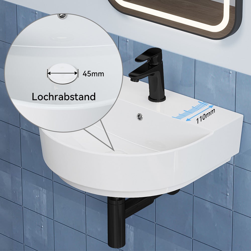 HOROW Lavabo semi-circulaire en céramique, à fixer au mur ou à poser, avec trop-plein et trou pour robinetterie, 50 x 44 cm - 4