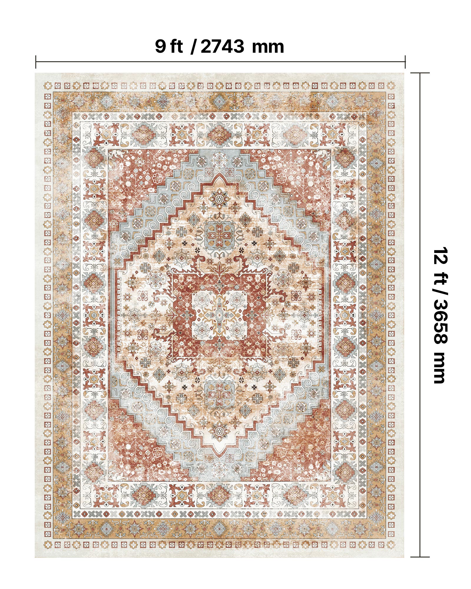 Tapete VEVOR, 2,7 x 3,7 m, resistente a riscos de animais de estimação, macio, estilo vintage, para quarto, escritório, corredor, castanho e vermelho - 3