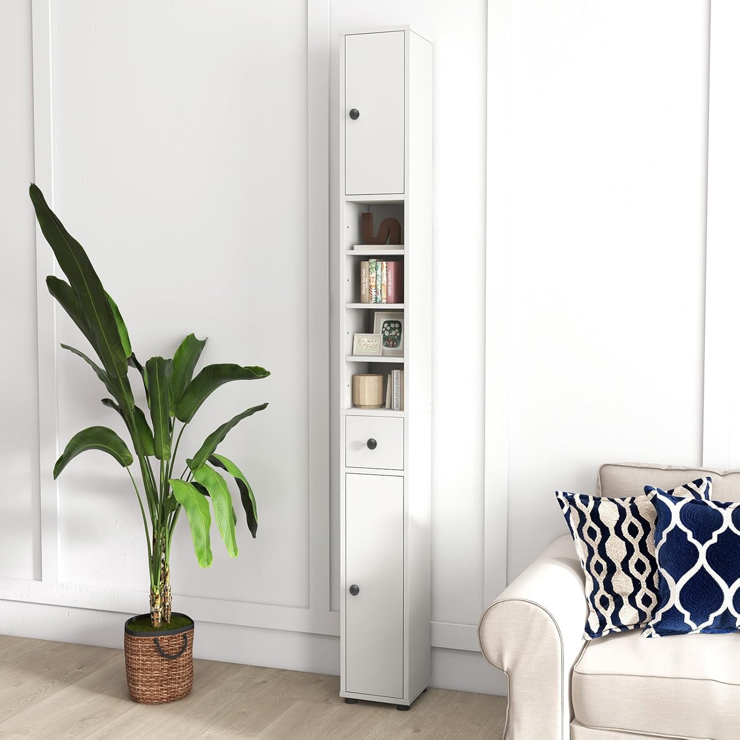 Meuble Colonne Salle de Bain, Meuble de Rangement avec 2 Placards à Porte, 1 Tiroir et 5 Étagères Réglables, 20 x 20 x 180 cm, Blanc Cérusé - 4