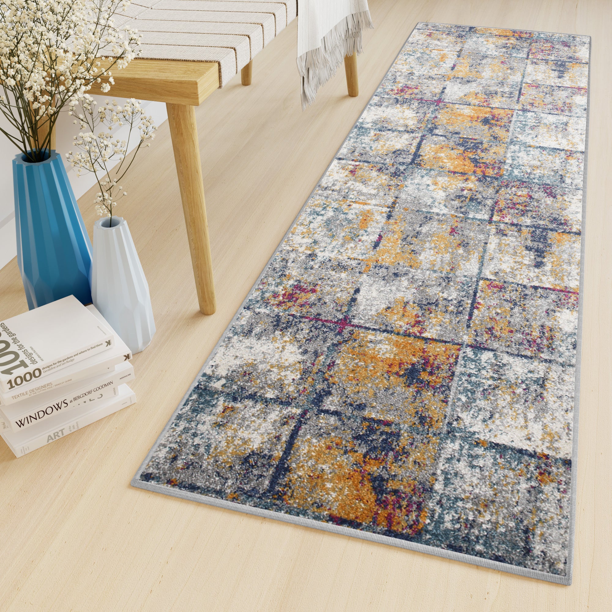Tapiso lazur alfombra de pasillo corredor moderna azul oscuro gris naranja geométrica 70 x 520 cm