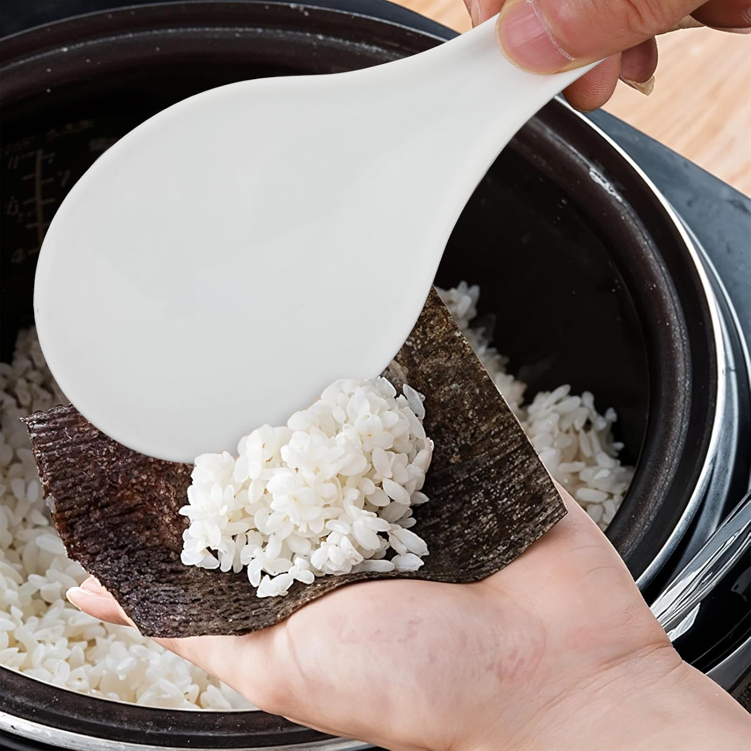 2 plastikowe łyżki do serwowania z powłoką zapobiegającą przywieraniu – łyżki do ryżu – plastikowe łyżki kuchenne PP – białe – do ryżu (19,5 cm) - 3