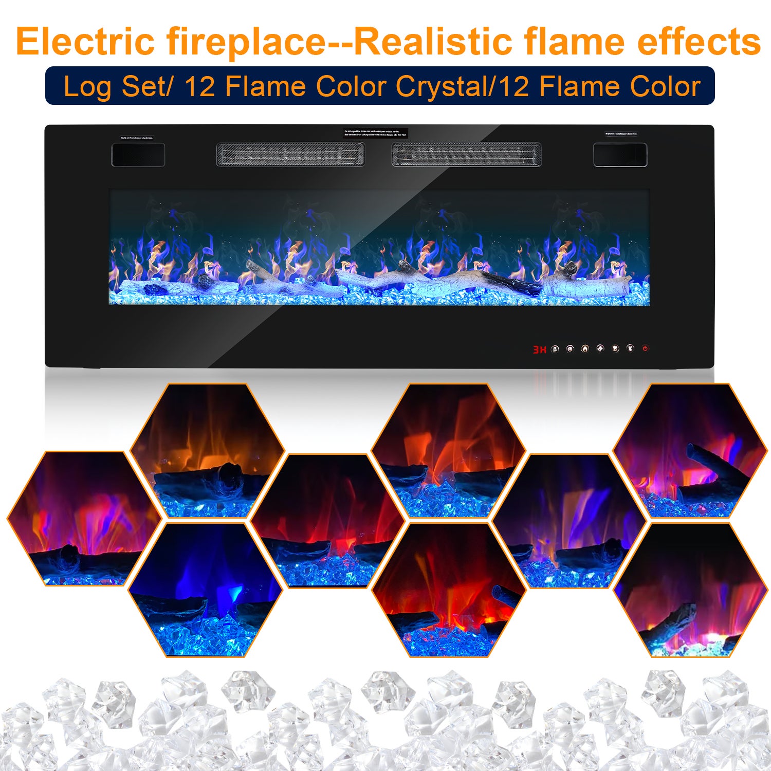 Cheminée Electrique Murale 750/1500W 12 Couleurs de Flamme LED avec Télécommande et Minuterie 1 à 8 Heures Foyer Noir - 4