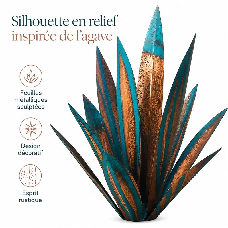 Agave décoratif en métal, sculpture de jardin rustique effet patiné bleu turquoise et cuivre, pour terrasse et extérieur, 55 x 10,5 x 10,5 cm - 5