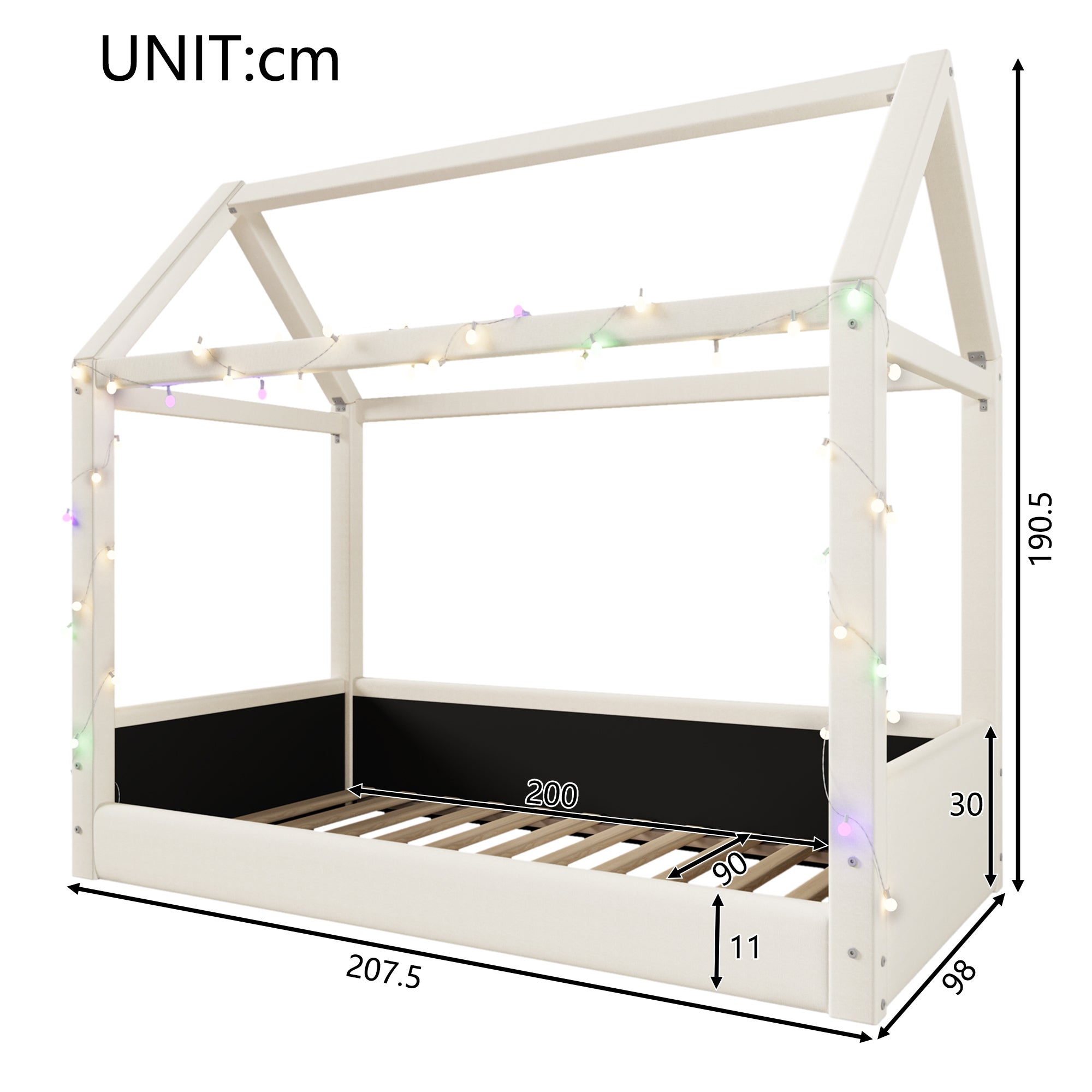 Lit cabane enfant 90x200cm,Lit au sol Montessori en bois,bandes lumineuses LED, sommier à lattes inclus,barrières de sécurité,Beige - 5