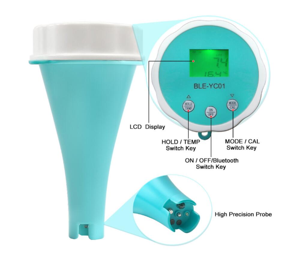 Testeur d'eau de Piscine Bluetooth 6-en-1 EC/Salinité/pH/ORP/Temperature/Chlore, Compteur Sans fil Flottant Intelligent de Surveillance de Piscine - 2
