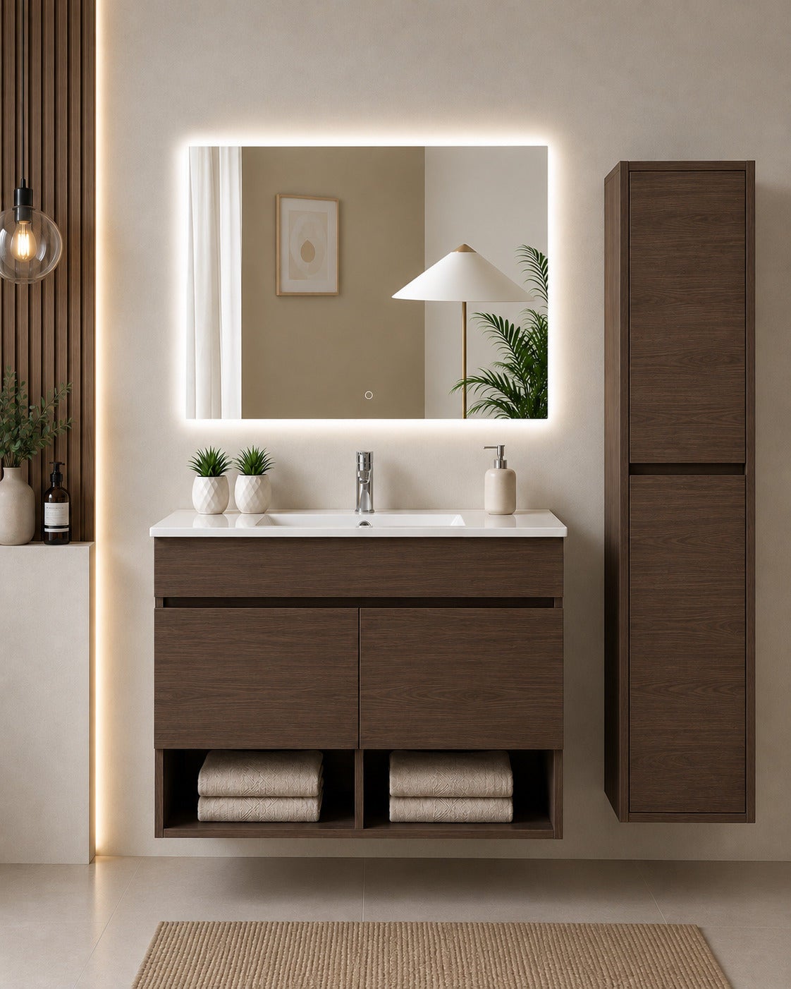 Mobilier de baie suspendat cu lavoar ORIGENBATH NEBARI cu uși cu coloană 80x40 cm frasin tea cu coloană