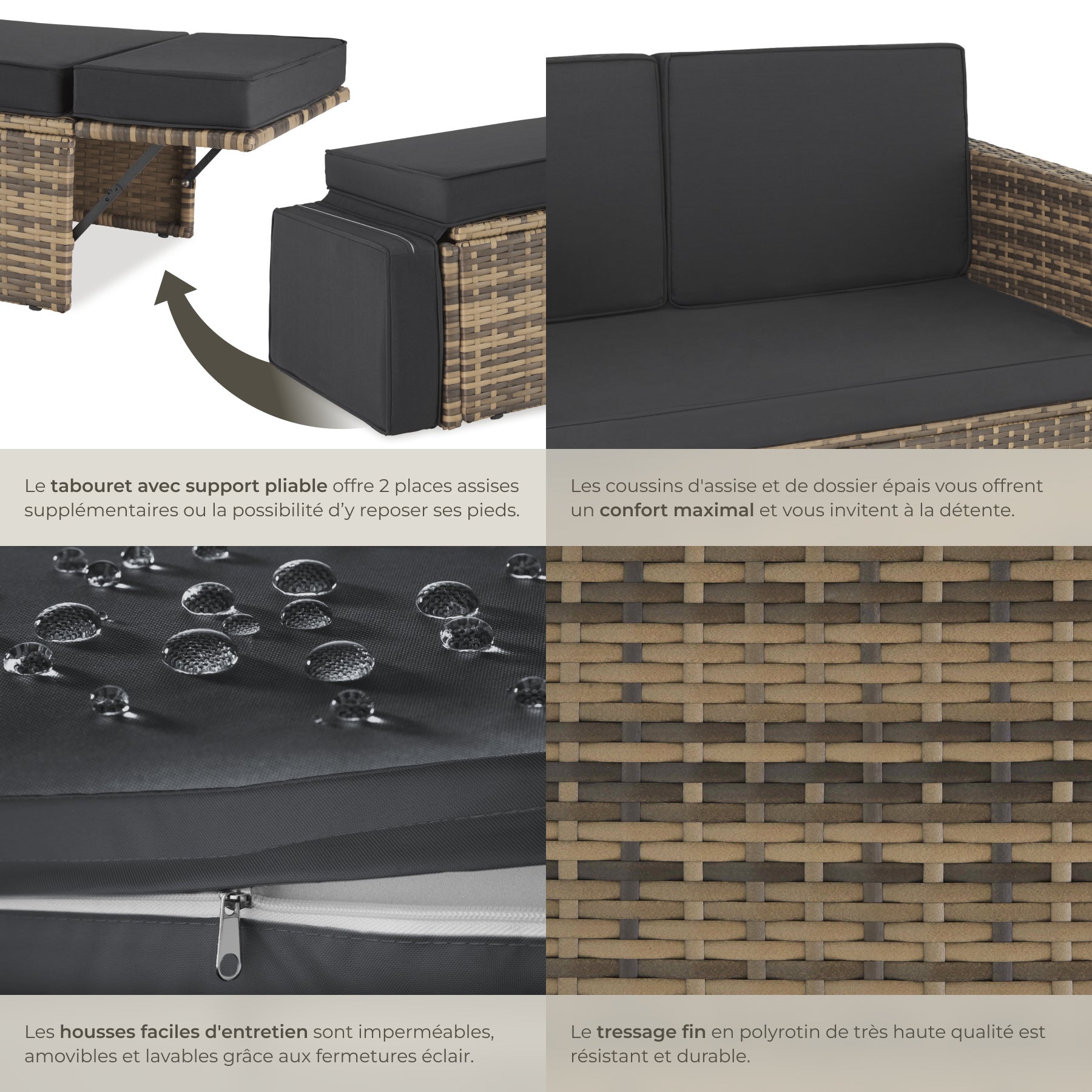Canapé de jardin en résine tressée, modulable, robuste, résistant UV, coussins déhoussables, nature TECTAKE - 5