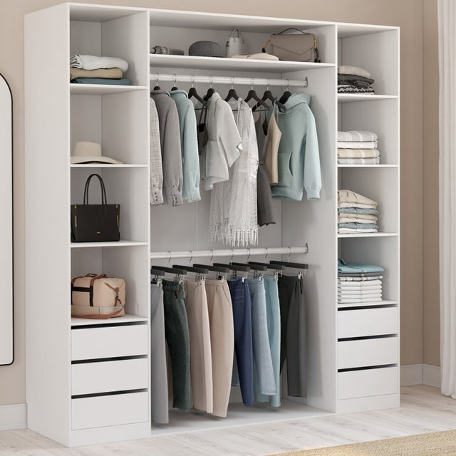 Dressing double TAYLOR 185 x 55 x 200 cm avec étagères + double penderie + tiroirs blanc