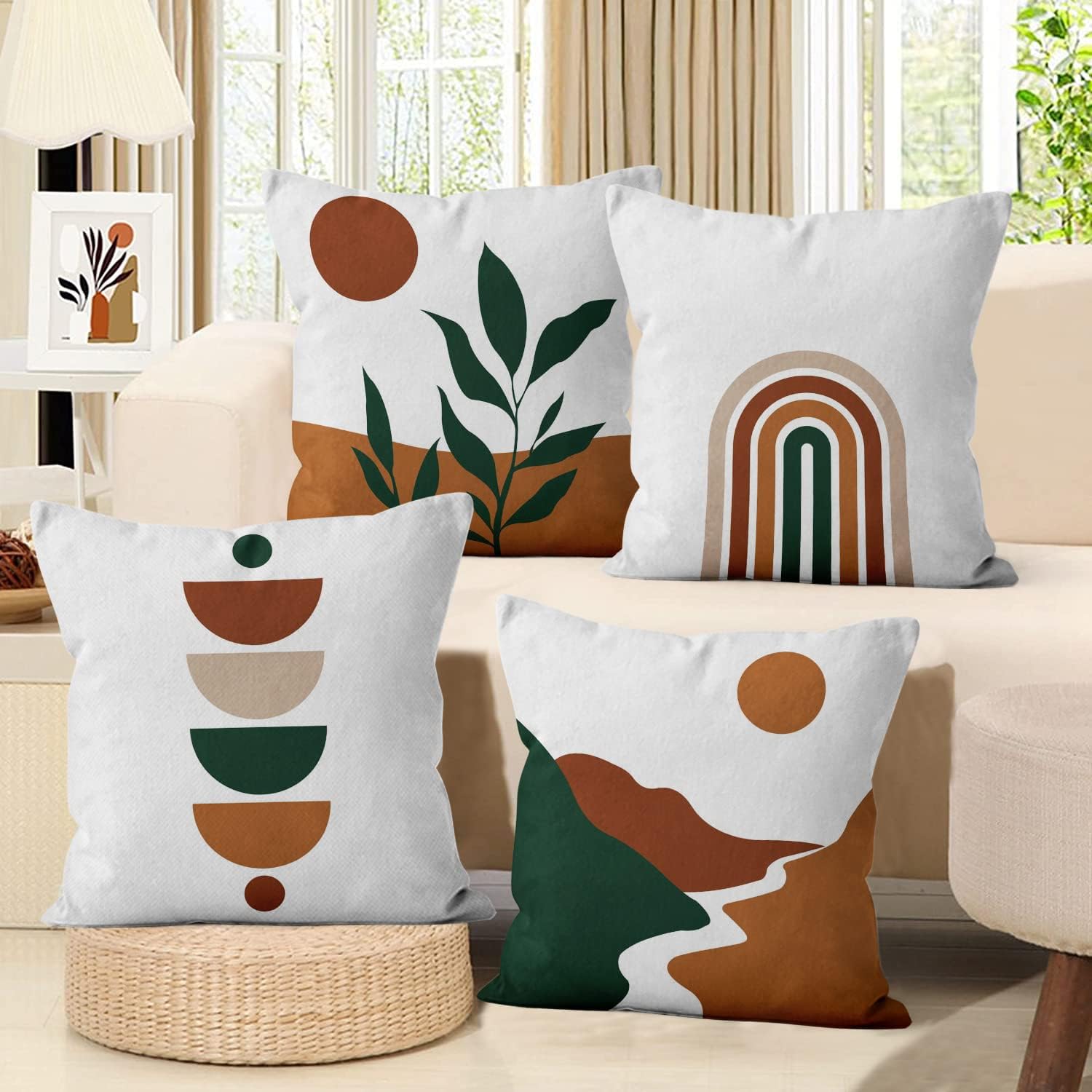 Poszewka na poduszkę boho 45x45, zestaw 4 sztuk, abstrakcyjna poszewka dekoracyjna z motywem liści, zachodu słońca i wschodu słońca, z linią tęczy