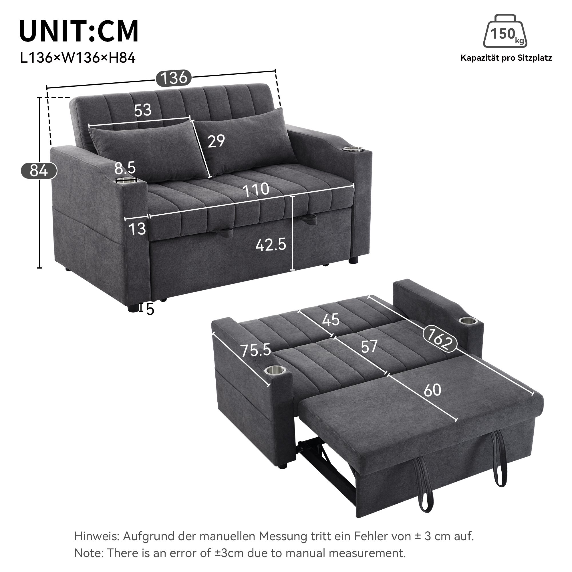 Canapé moderne 2 places avec porte-gobelets et coussins - Beige - 9