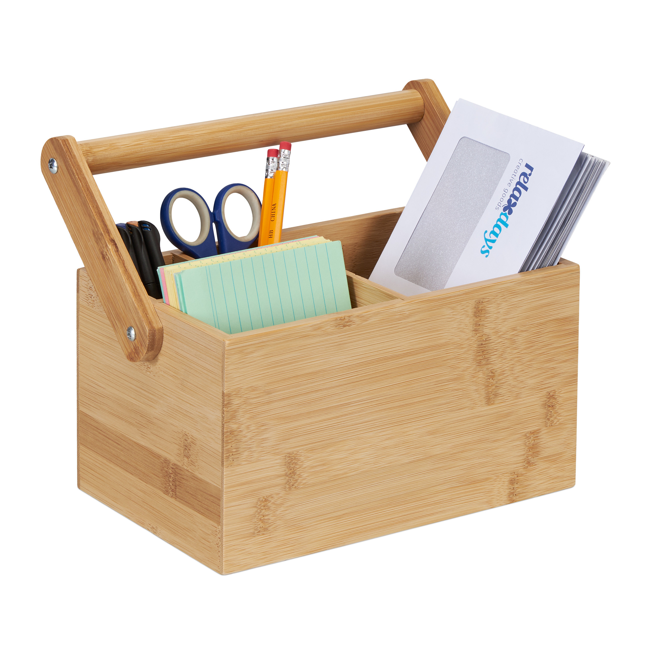 Relaxdays organizador bambú con asa, 4 espacios, 24 x 26 x 15 cm, organizador de escritorio y porta cubiertos, natural