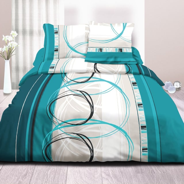 Housse de couette 220x240 Roue Libre Turquoise + 2 taies 100% coton 57 fils