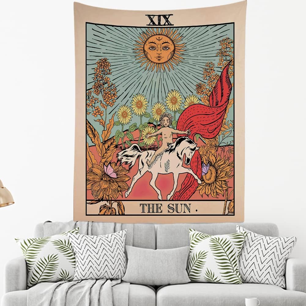 150 x 200 cm Tapisserie Murale Décorative Chambre - Soleil Nature Fleurs Tarot Horoscope Vintage Rétro - 150 x 200 cm Grand - Décoration Panoramique - 4