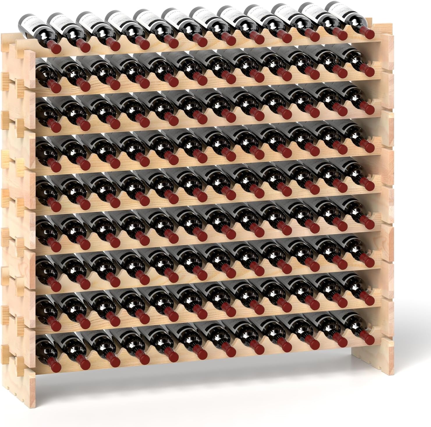 Drewniany regał na wino, można układać w stos, stojak na wino z 9 poziomami, stojak na butelki do kuchni, jadalni, baru, piwnicy, 120 x 29 x 106 cm