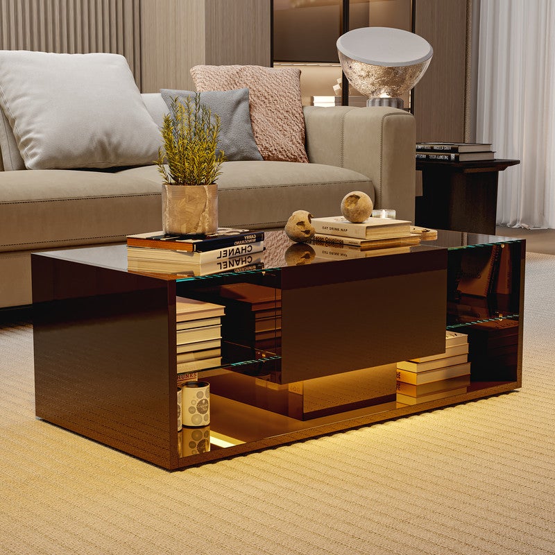 Table basse, Table basse salon LED avec espace de rangement, Table brillante avec étagère en verre, 100L x 50B x 35H cm - 7
