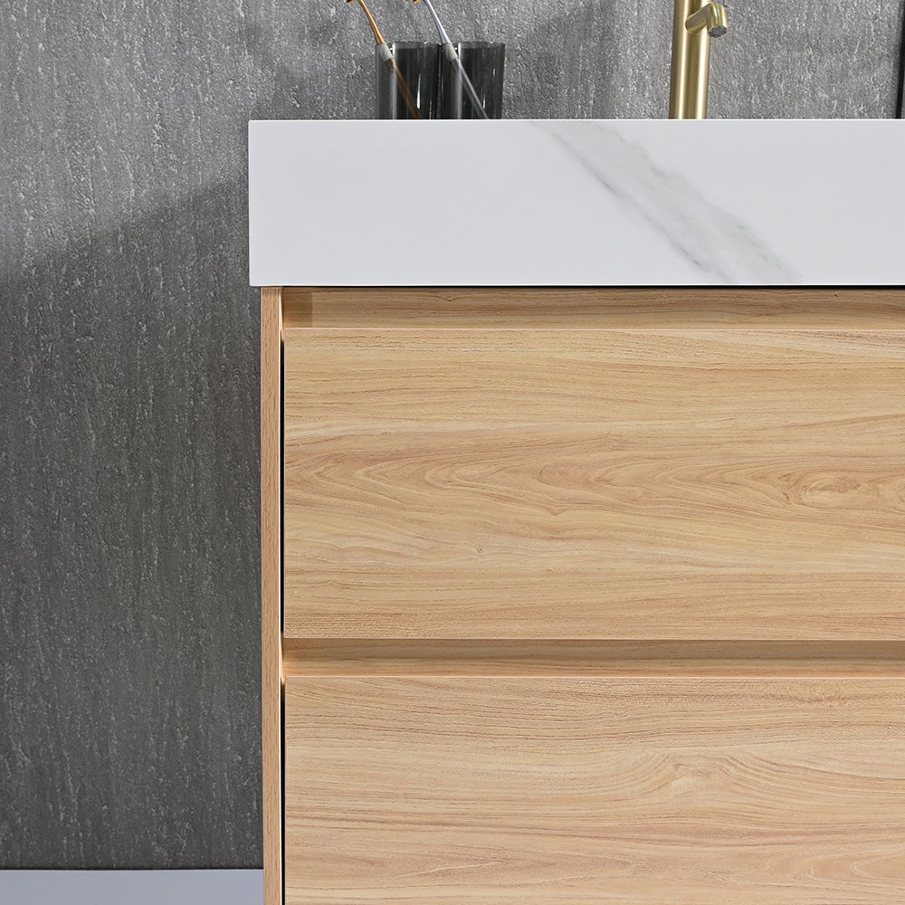 Meuble salle de bain double vasque 120cm bois naturel et effet marbre blanc avec miroir LED LB-8476C-120 - 7